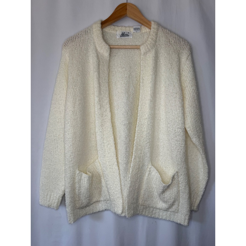 Alicia‎ Vintage Cream Knit Open Front Cardigan Sweater Ivory Pockets Size 38